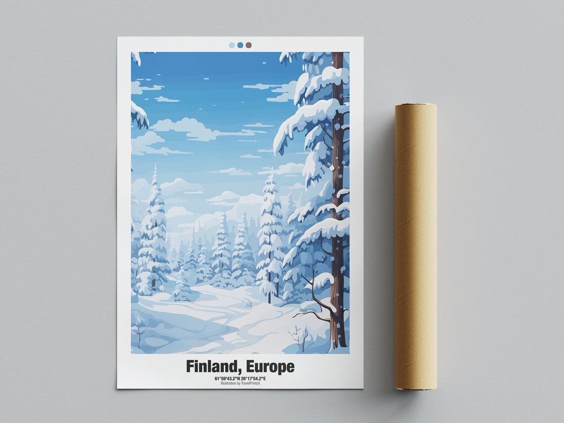 Finland Europe Travel Poster Snowy Pine Forest Winter Wonderland Art - Image 4