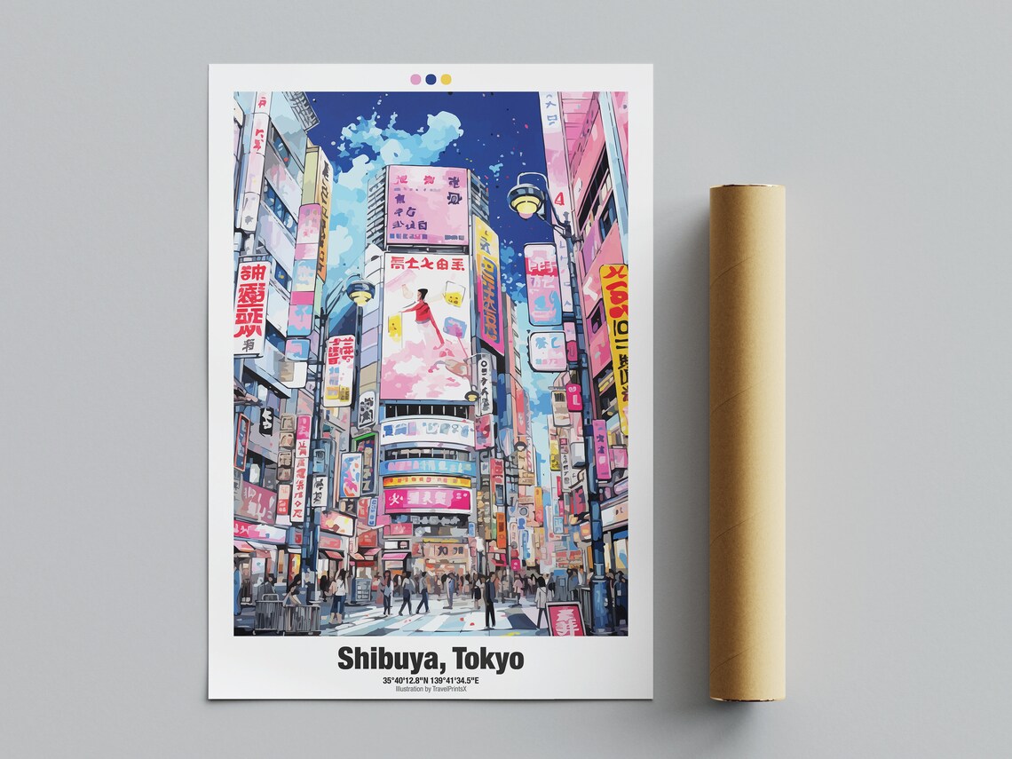 Shibuya Tokyo Japan Neon Night Street Crowds Signs Travel Poster