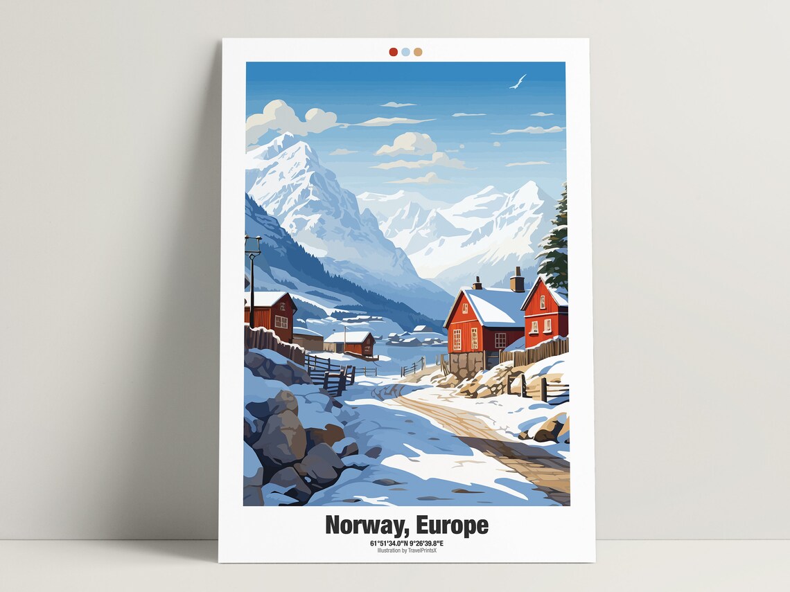 Norway Europe Snowy Mountain Valley Red Wooden Houses Travel Poster - Image 3