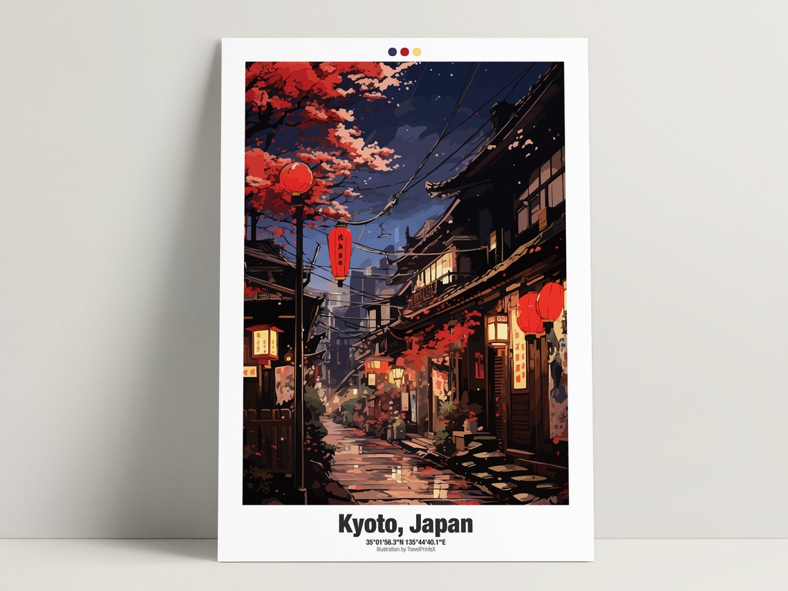 Kyoto Japan Autumn Night Old Alley Glowing Red Lanterns Travel Poster - Image 3