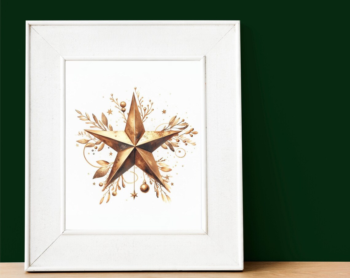 Bronze Gold Star Christmas Ornament Watercolor Holiday Wall Poster - Image 3