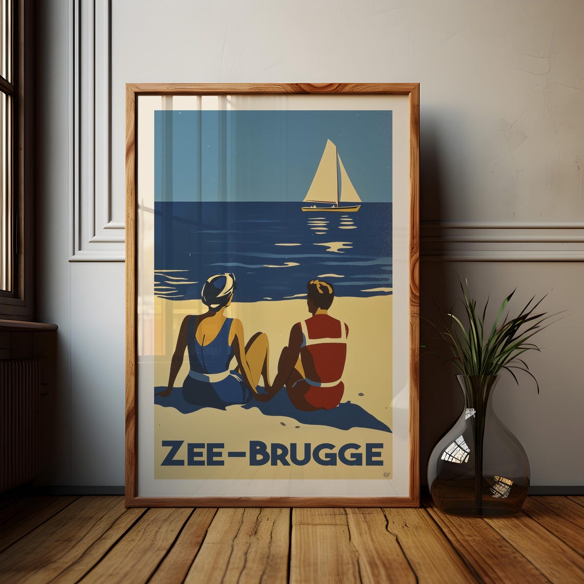 Zee Brugge Belgian Coast Beachgoers Sailboat Art Deco Poster
