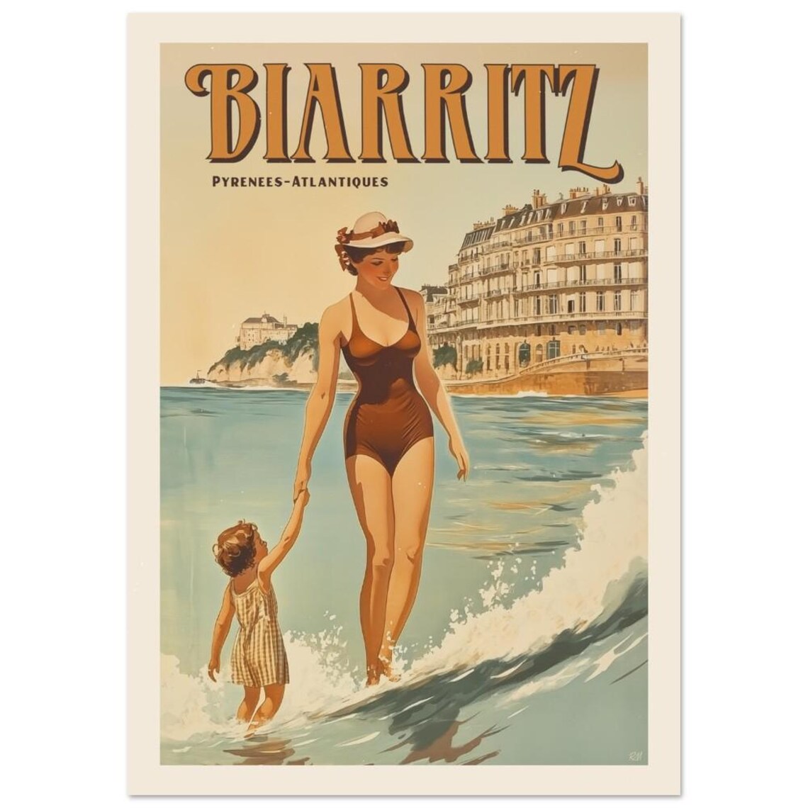 Biarritz Pyrenees Atlantiques Mother Child Beach Day Vintage Poster - Image 5