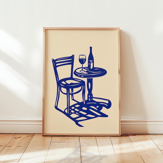 Minimalist Apero Scene Wine Bottle Glass Cobalt Blue Matisse Poster Art