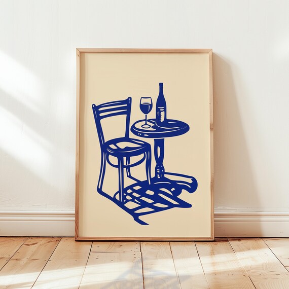 Minimalist Apro Scene Wall Art Wine And Chair Illustration Cobalt Blue Matisse Inspired Poster