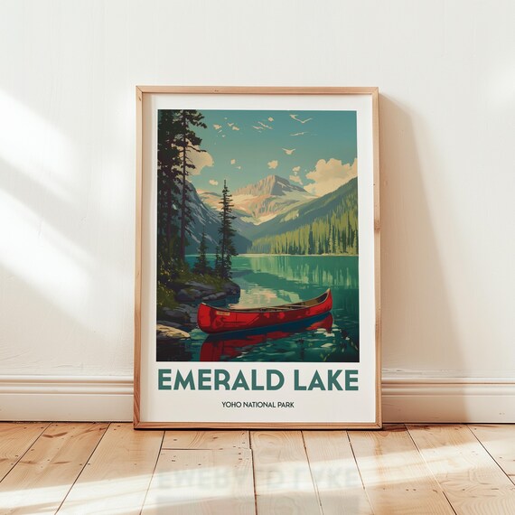 Emerald Lake Poster Yoho National Park Wall Art Scenic Mountain Landscape Red Canoe Lake View Vintage National Park Print Canada