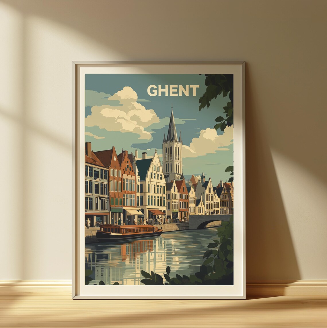 Ghent Belgium Historic Canal Boat Old Town Retro Travel Poster