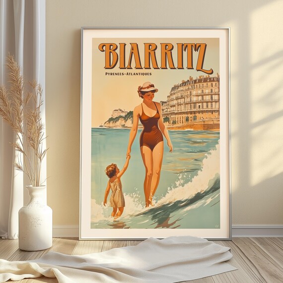 Biarritz Pyrenees Atlantiques Mother Child Beach Day Vintage Poster