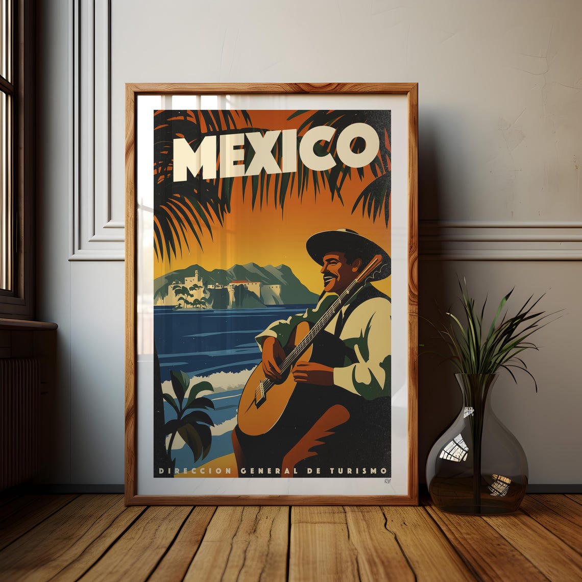 Mexico Mariachi Guitar Player Seaside Retro Tourism Artwork Poster - Image 3