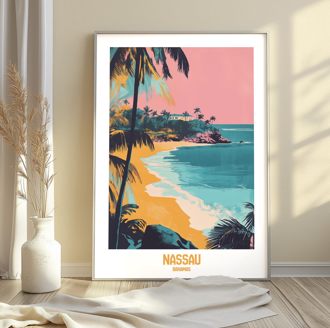 Nassau Bahamas Tropical Beach Palm Trees Pink Sunset Art Poster