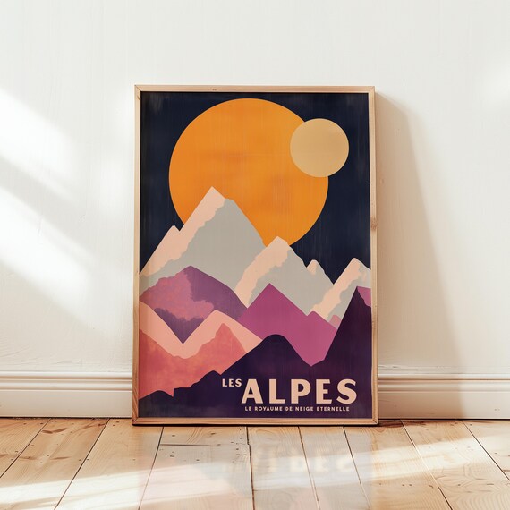 Les Alpes Travel Poster Vintage French Alps Wall Art Retro Ski Wall Decor
