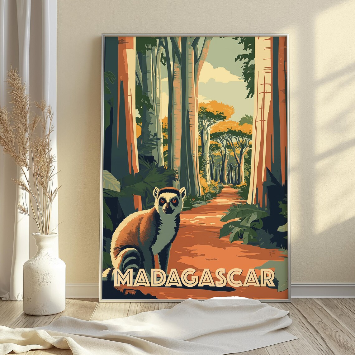 Madagascar Baobab Alley Ring Tailed Lemur Vintage Travel Poster