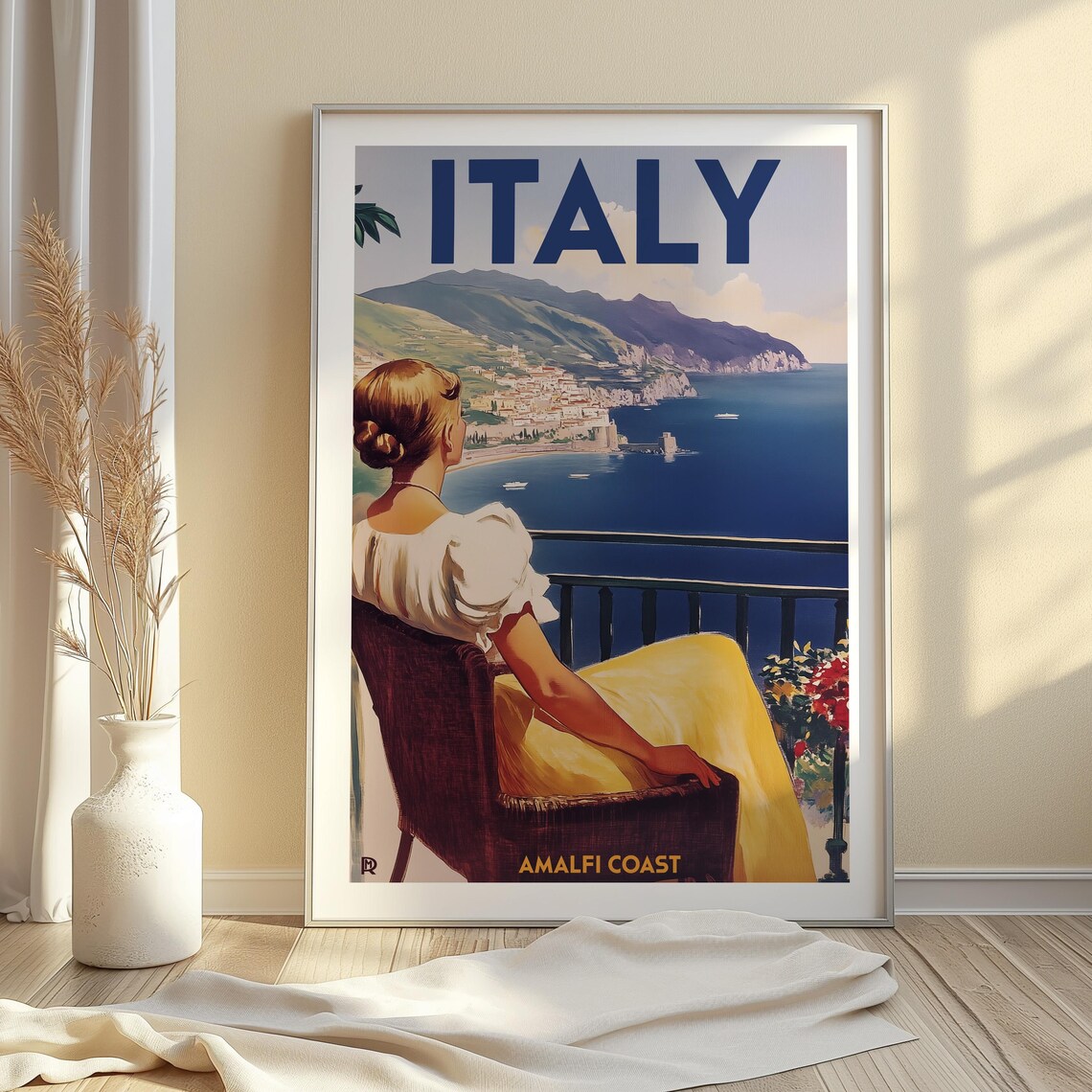 Italy Amalfi Coast Vintage Travel Poster Retro Coastal View Scene Art