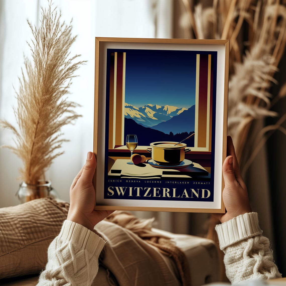 Switzerland Alps Fondue Wine Mountain View Vintage Travel Poster - Image 2