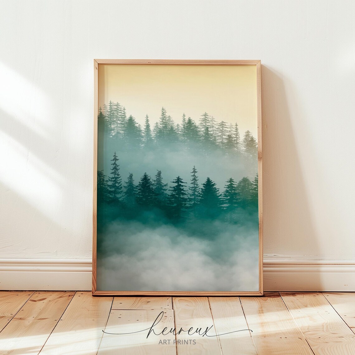 Foggy Teal Forest Misty Evergreen Painting Poster Calm Nature Decor - Image 2