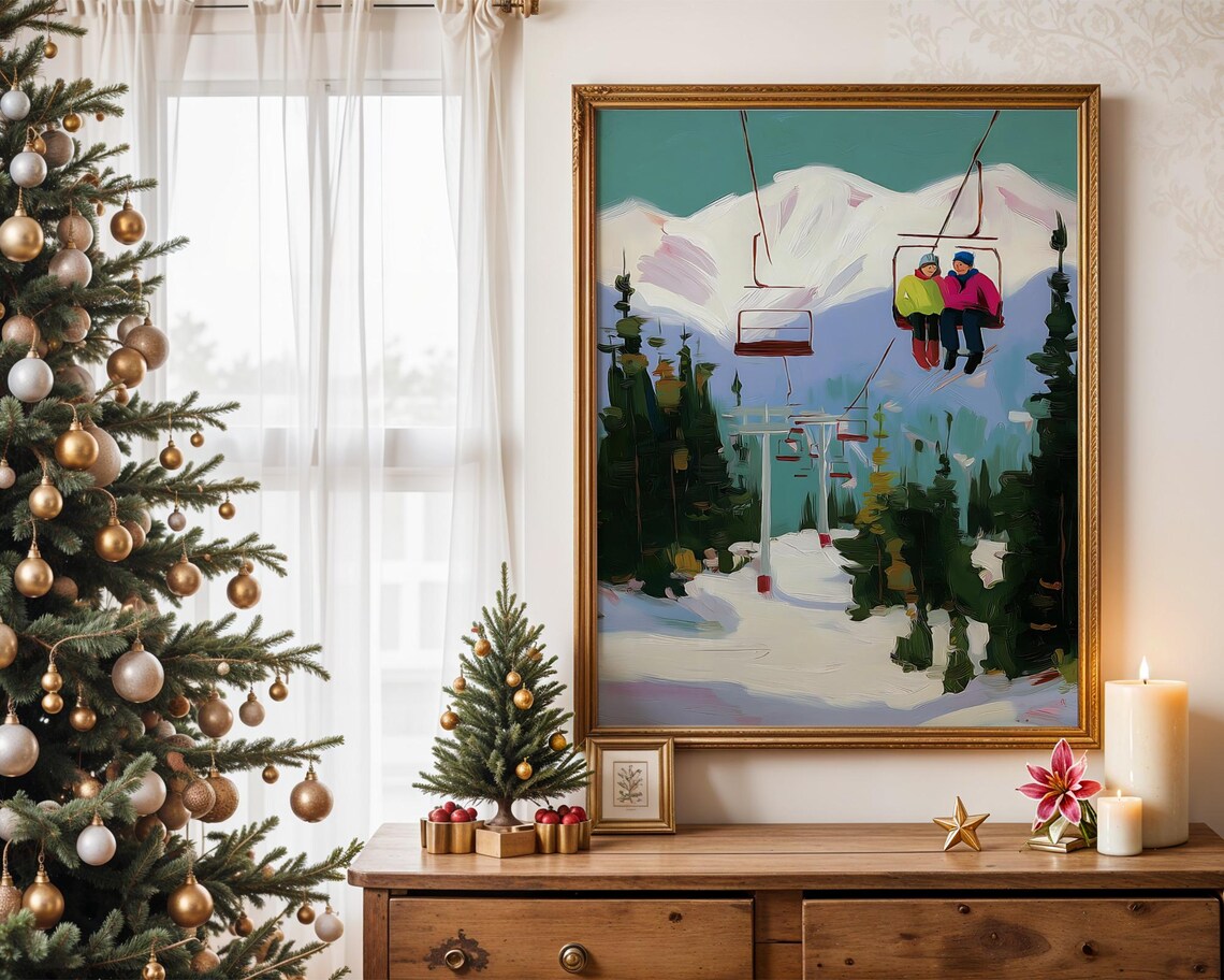 Ski Lift Chairlift Couple Snowy Mountain Pines Winter Art Poster