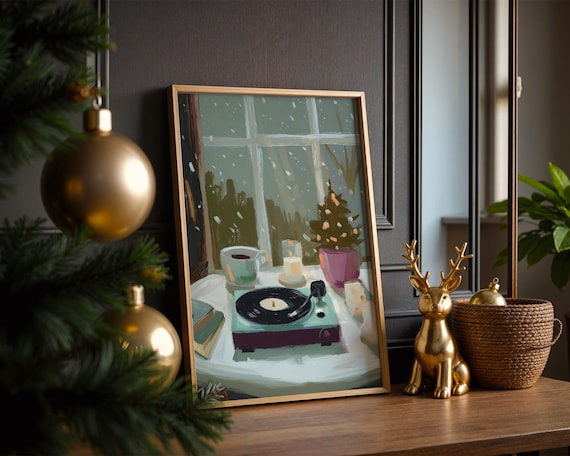 Cozy Winter Evening Vinyl Record Player Snowy Window Art Poster