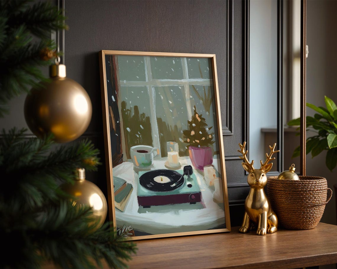 Cozy Winter Evening Vinyl Record Player Snowy Window Art Poster