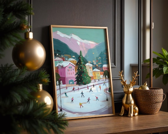 Winter Ice Skating Village Christmas Tree Mountain Scene Poster