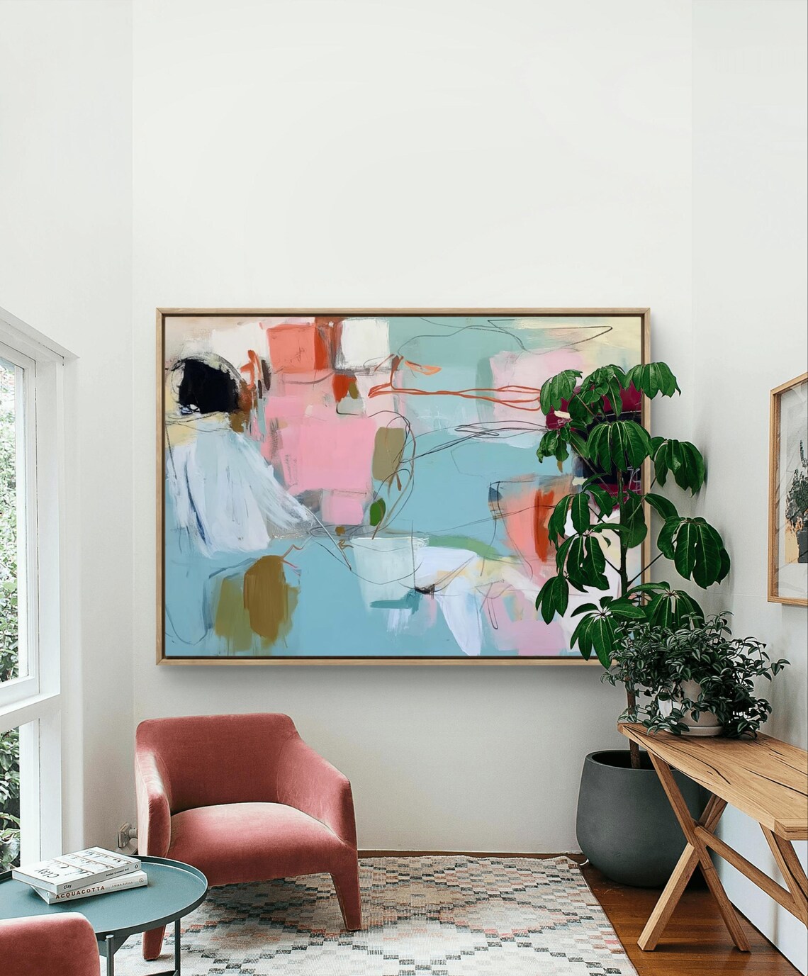Pastel Pink Teal Abstract Line Art Soft Modern Painting Poster