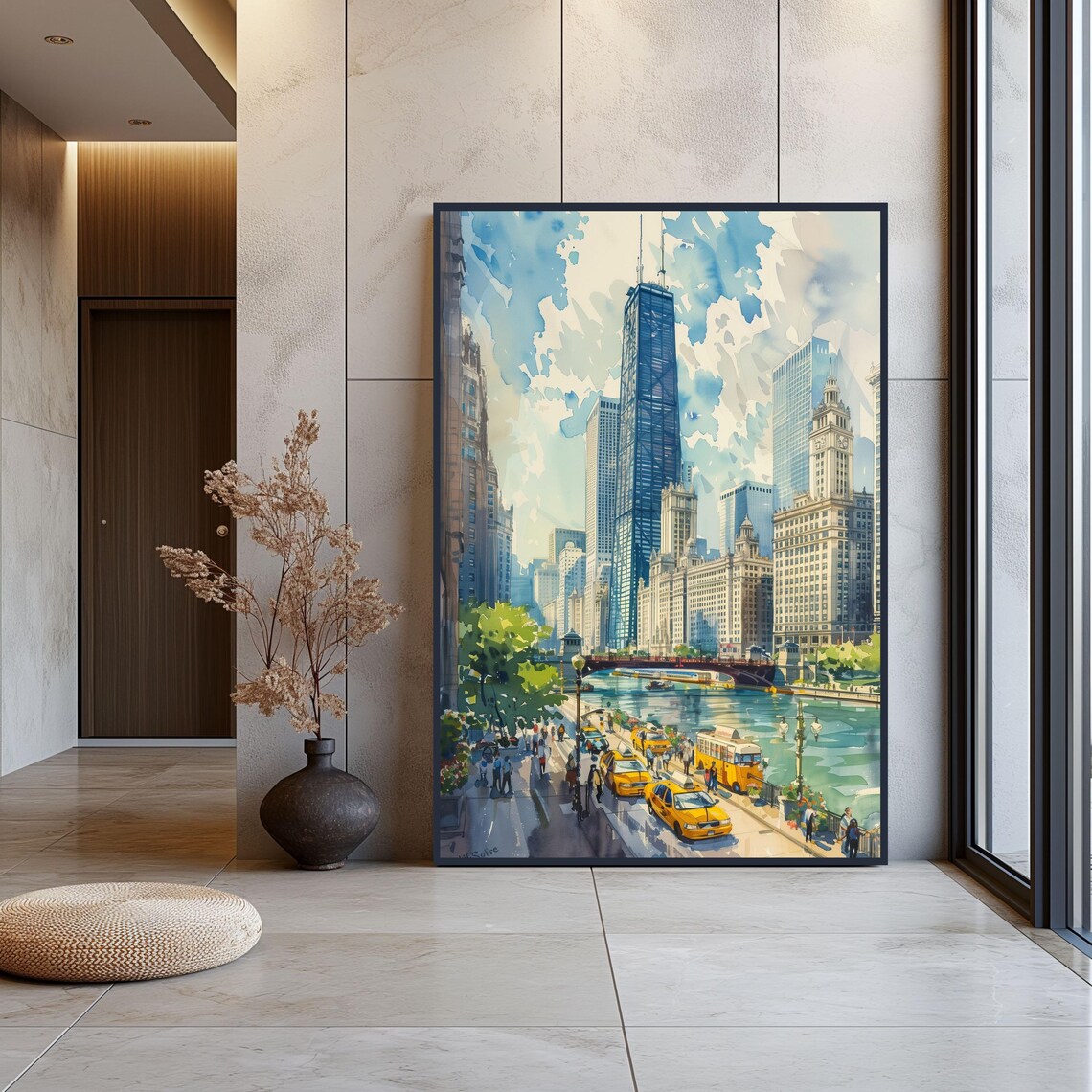 Watercolor Chicago City Travel Poster, Chicago River - Image 3