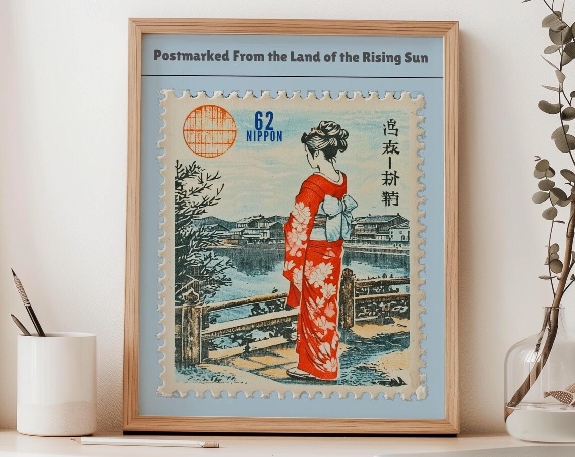 Vintage Japanese Postage Stamp Geisha Kimono Nippon 62 Retro Poster