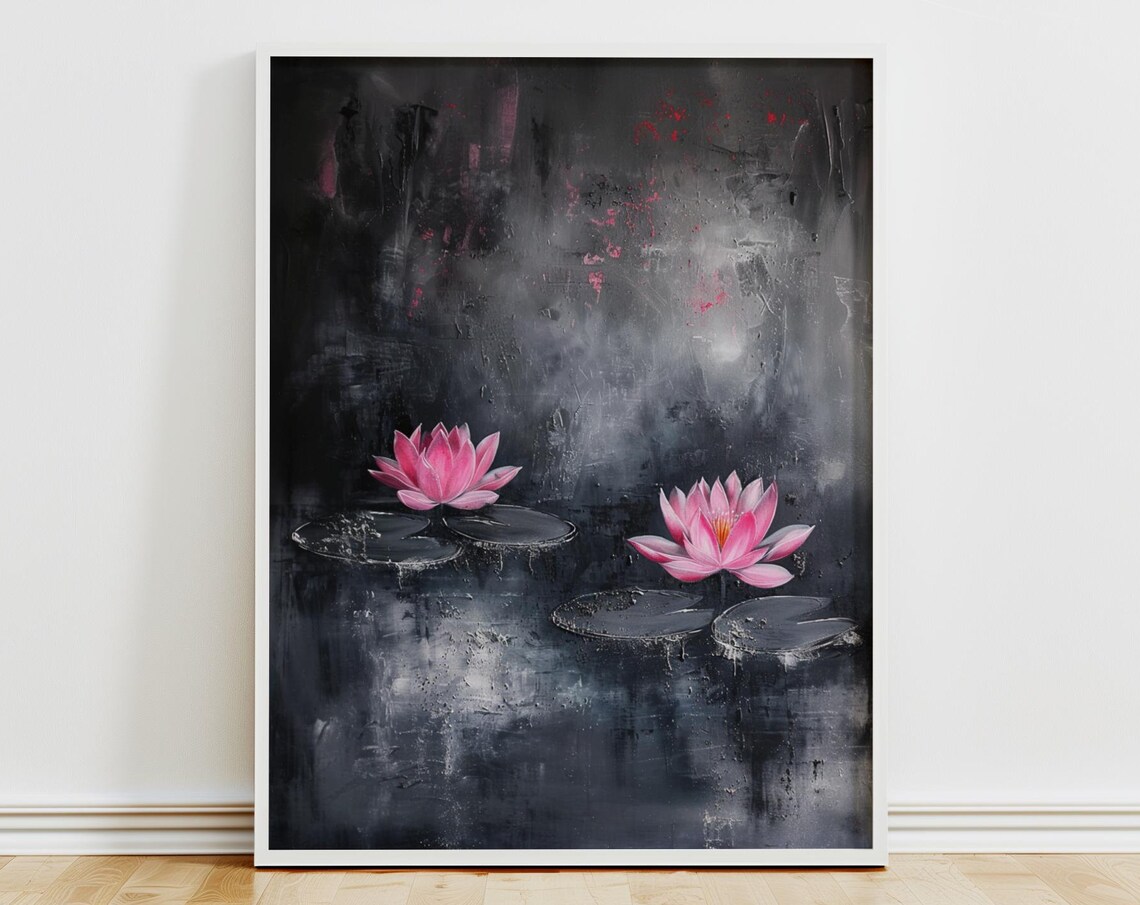 Pink Lotus Flowers on Black Water Dark Botanical Painting Art Poster