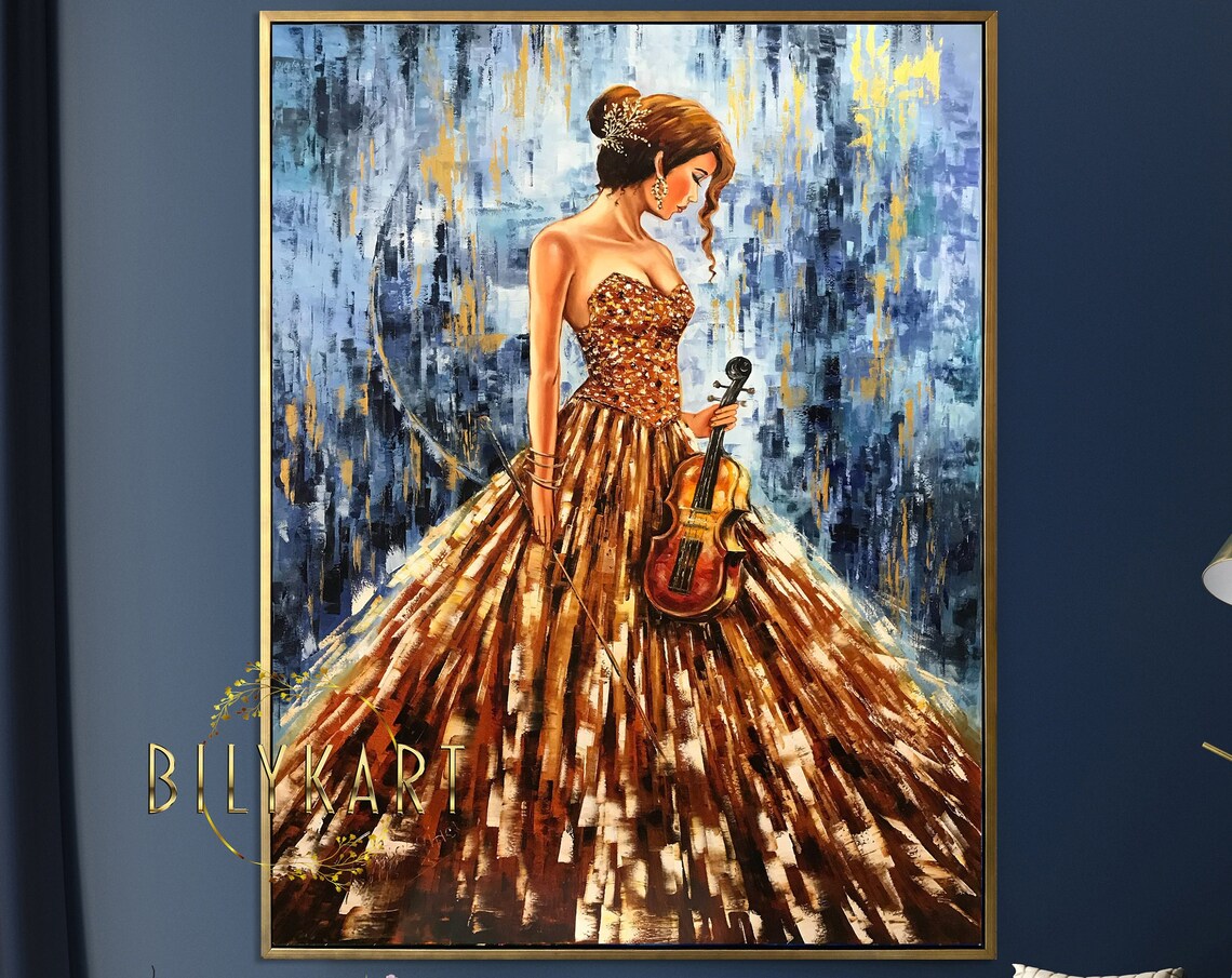 Elegant Violinist Lady Gold Gown Oil Painting Music Wall Art Poster - Image 2