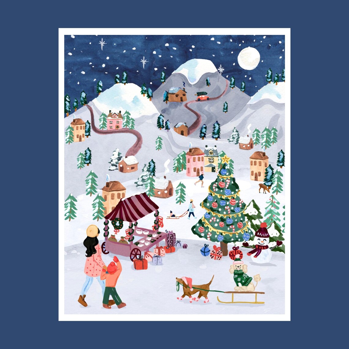 Christmas Village Watercolor Art Print, Holiday Decor