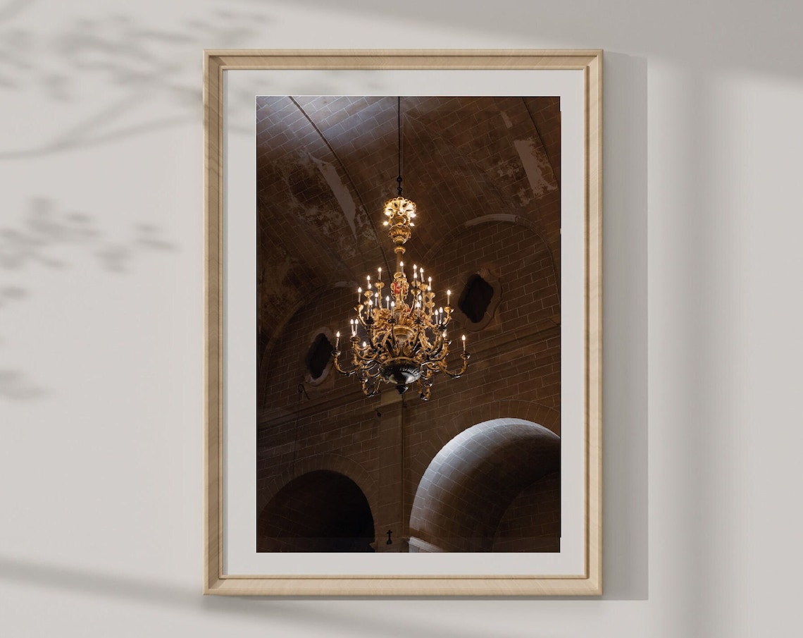Golden Crown Chandelier In Stone Church Interior Photography Wall Art