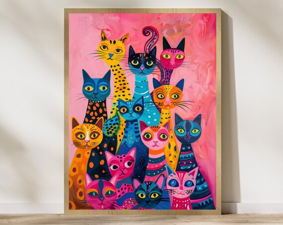 Colorful Whimsical Cat Family Group Folk Art Bright Pink Poster