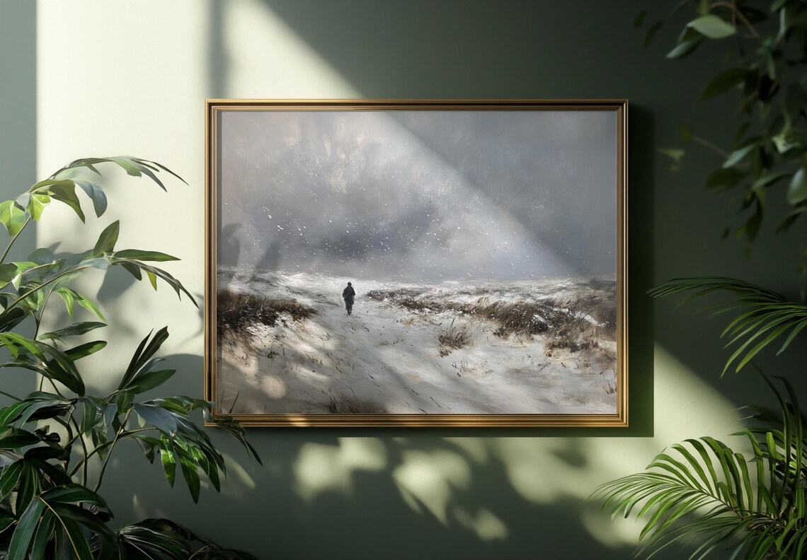 Lone Figure Walking Through Snowy Blizzard Moody Winter Field Poster - Image 2