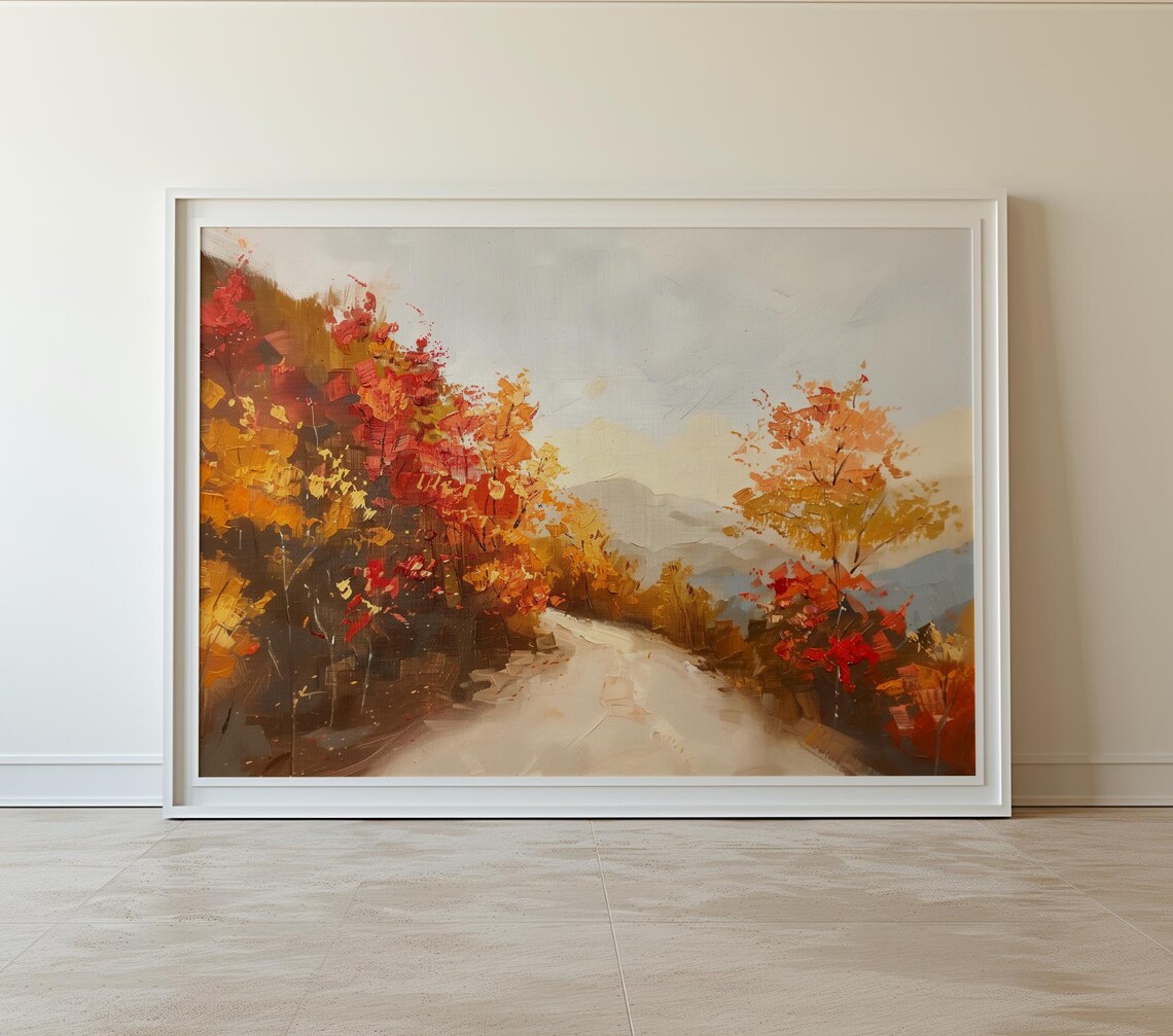 Autumn Mountain Road Painting Golden Leaves Sunlit Forest Poster - Image 5