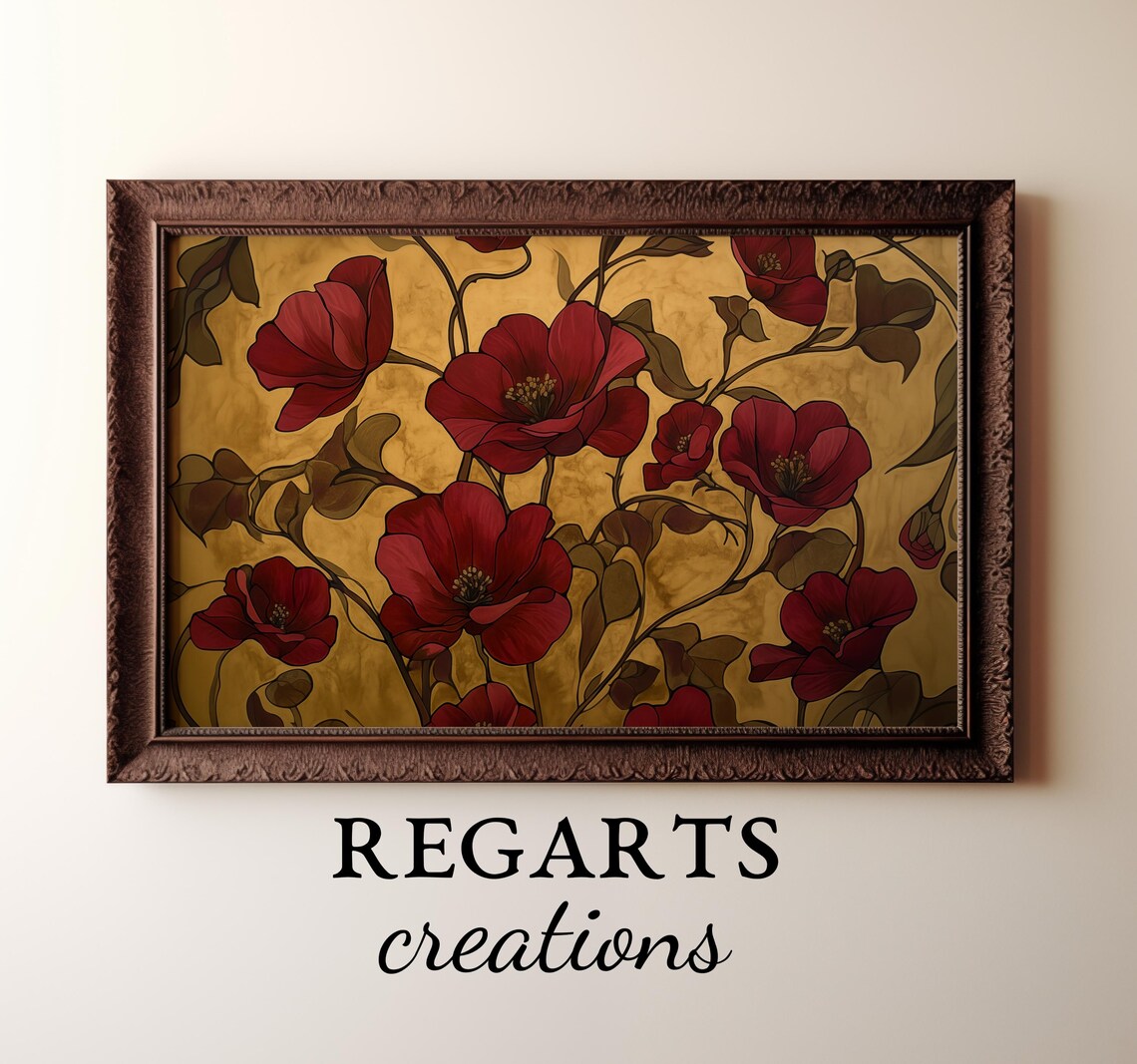 Art Nouveau Red Floral On Gold Elegant Vintage Botanical Poster - Image 3