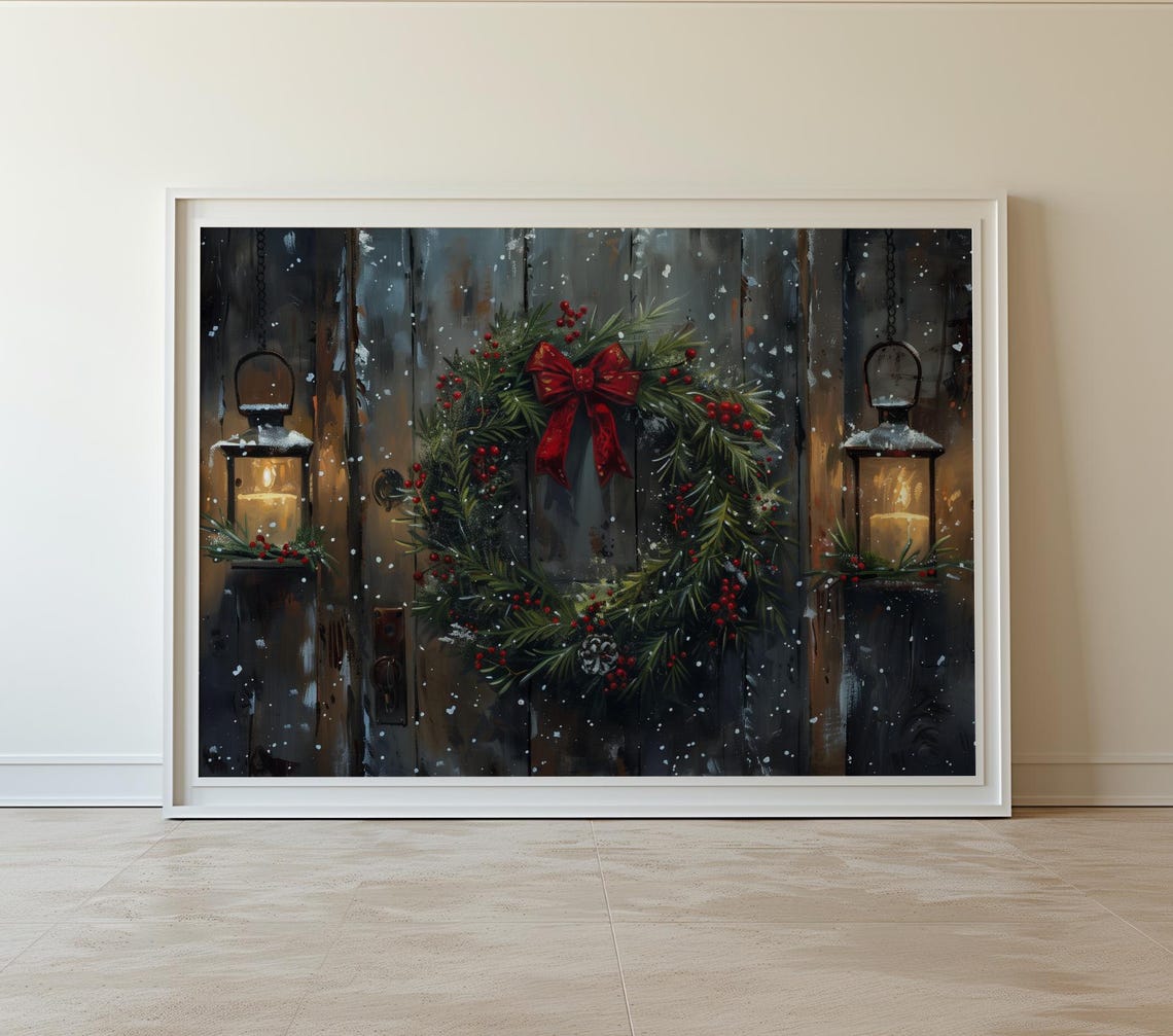 Antique Christmas Wreath With Red Bow On Dark Wooden Door Poster - Image 5