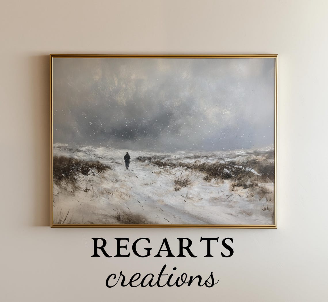 Lone Figure Walking Through Snowy Blizzard Moody Winter Field Poster