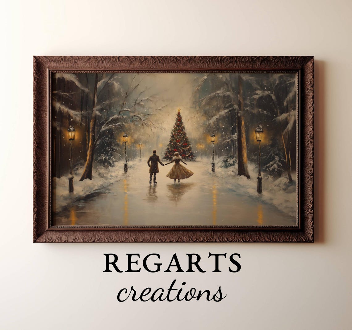 Romantic Ice Skating Couple Christmas Tree Snowy Night Avenue Poster - Image 3