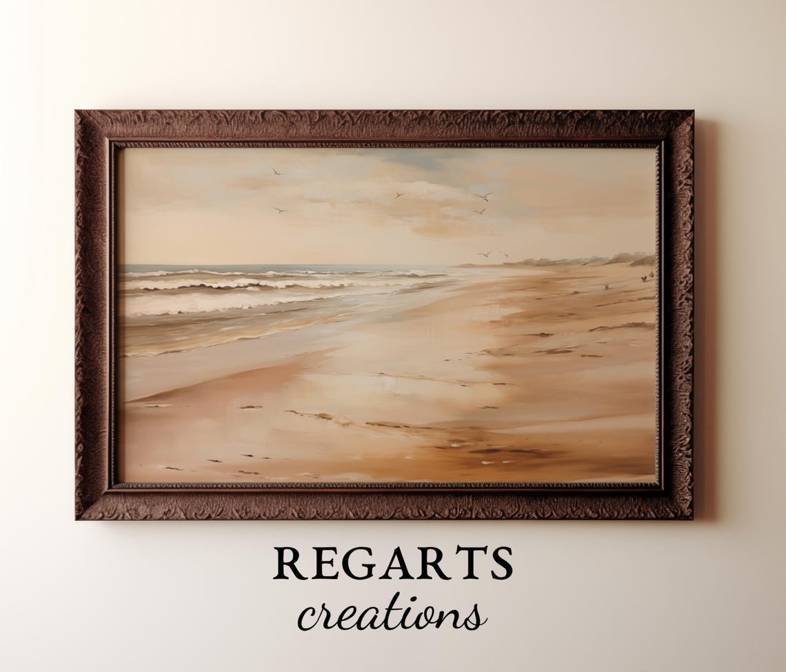 Soft Beach Landscape Painting Gentle Waves Seagulls Sandy Shore Poster