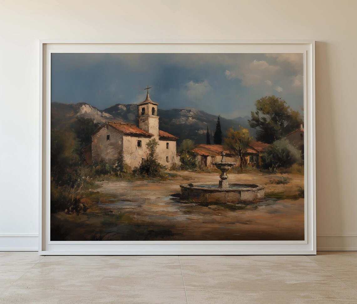 French Church Painting Stone Fountain Village Square Mountains Poster - Image 6