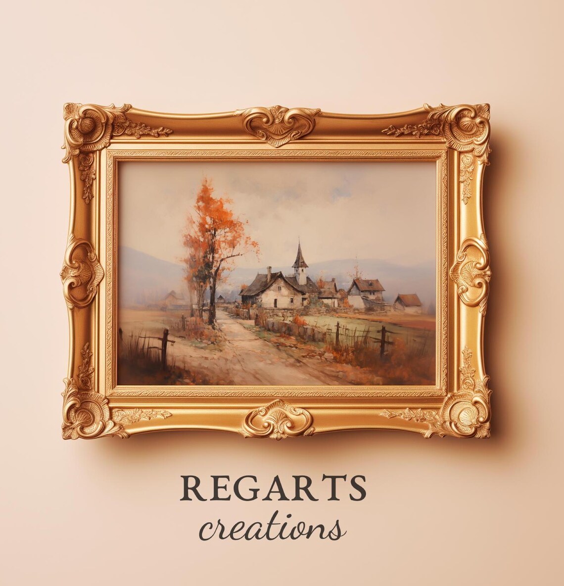 Quiet Autumn Village Painting Church Spire Orange Trees Poster - Image 3