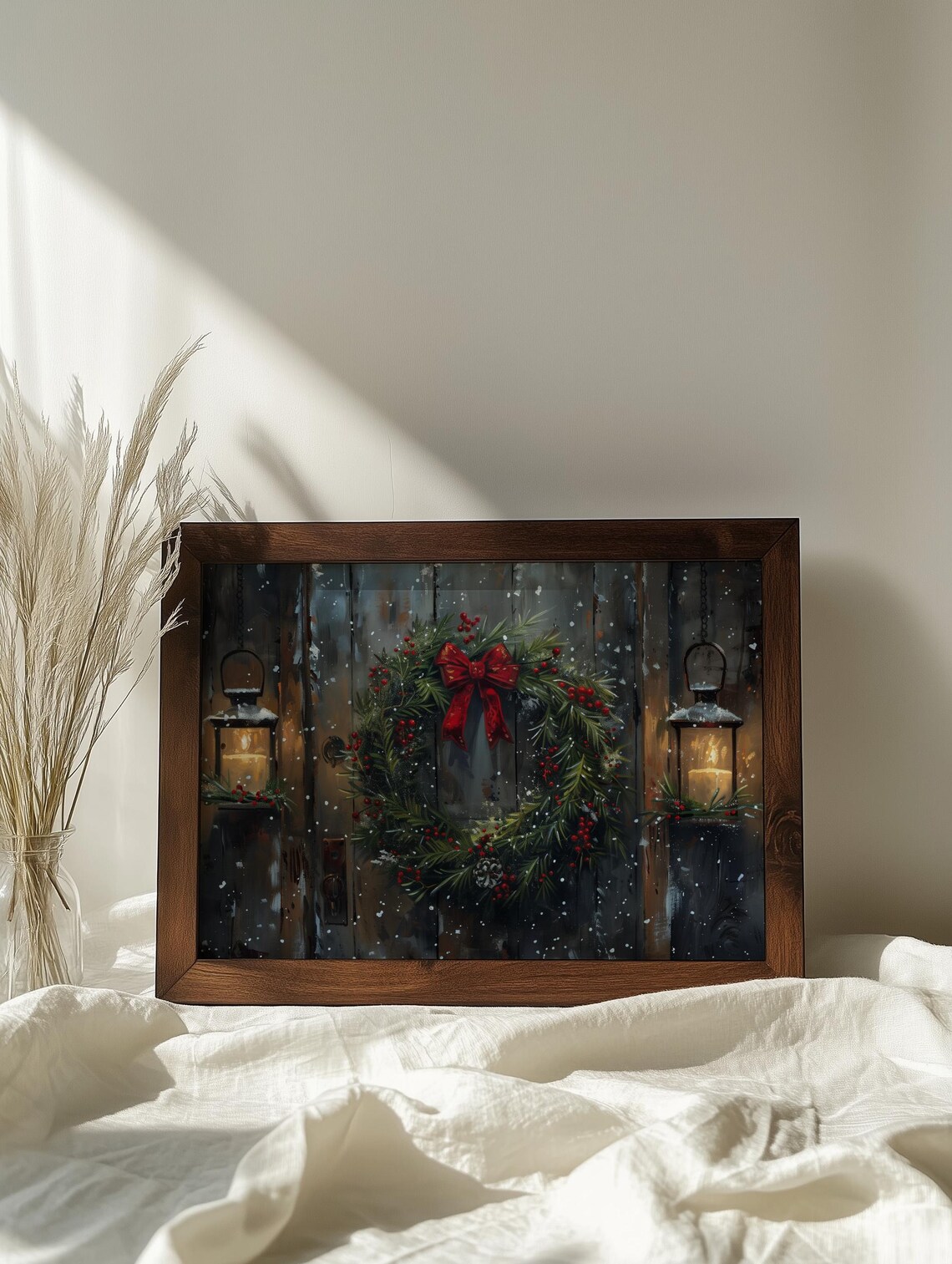 Antique Christmas Wreath With Red Bow On Dark Wooden Door Poster - Image 2