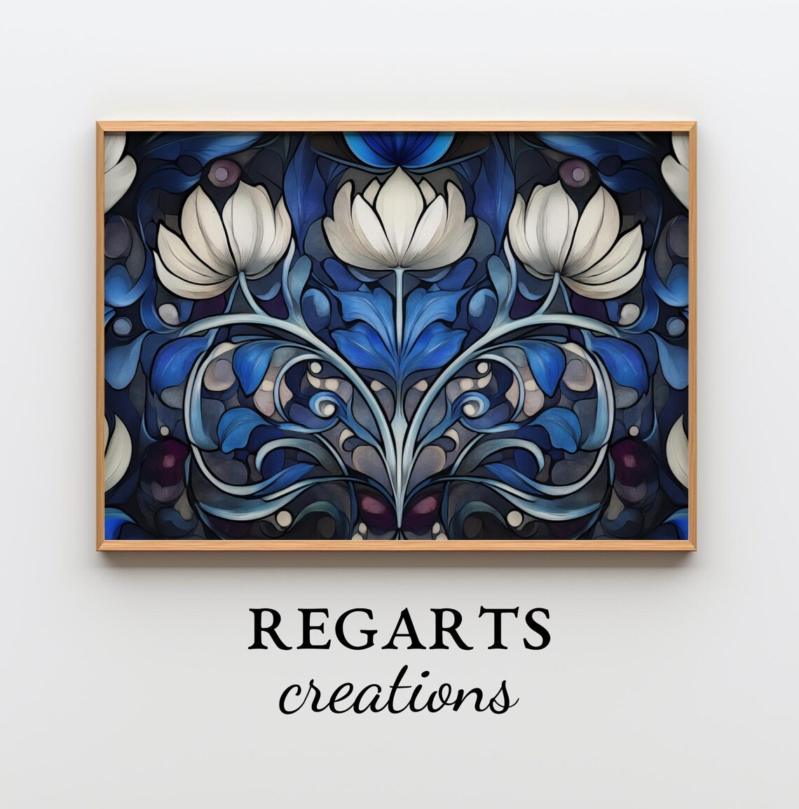 Art Nouveau White Lotus Flowers Deep Blue Elegant Floral Poster - Image 2