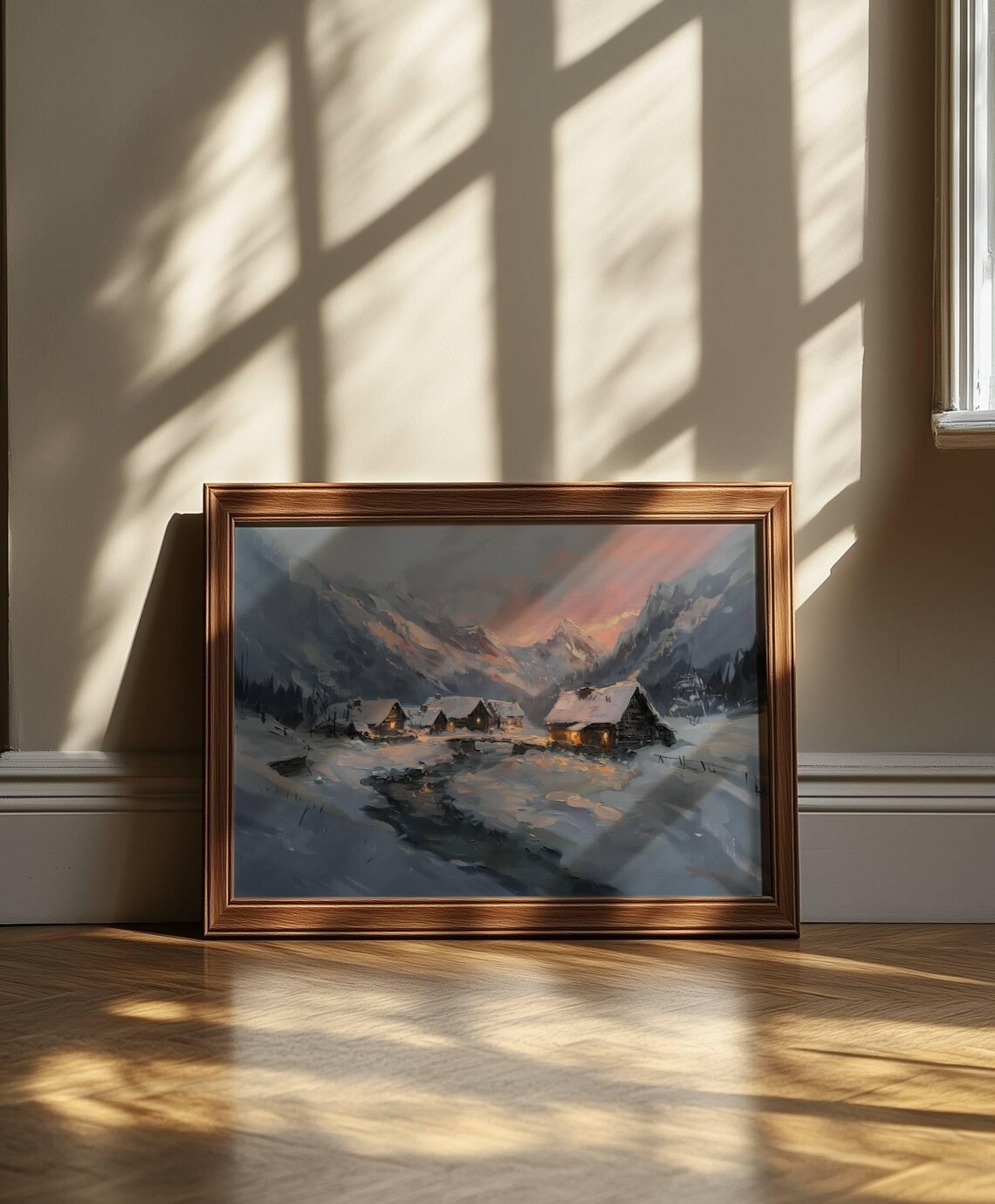 Snowy Alpine Village Cabins At Sunset Mountain Oil Painting Poster - Image 5