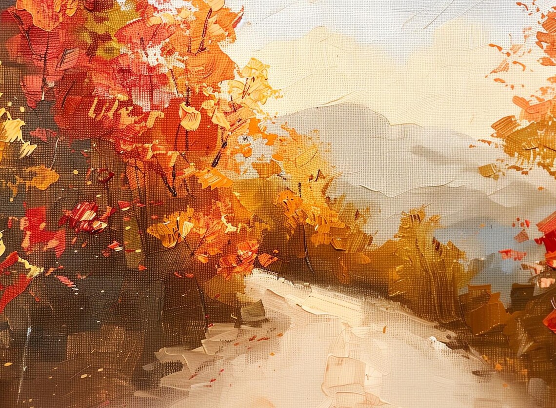 Autumn Mountain Road Painting Golden Leaves Sunlit Forest Poster - Image 3