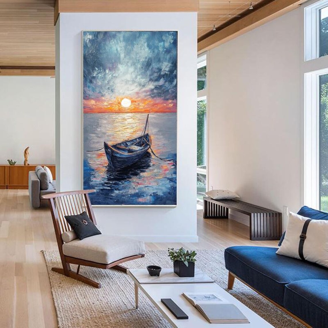 Peaceful Sunset Sailboat on Calm Blue Ocean Oil Painting Poster - Image 6