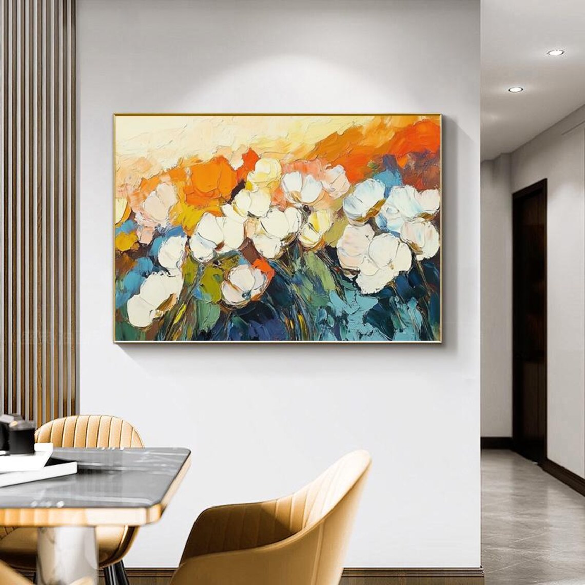 White Anemone Flowers Over Orange Blue Abstract Thick Paint Art Poster - Image 3