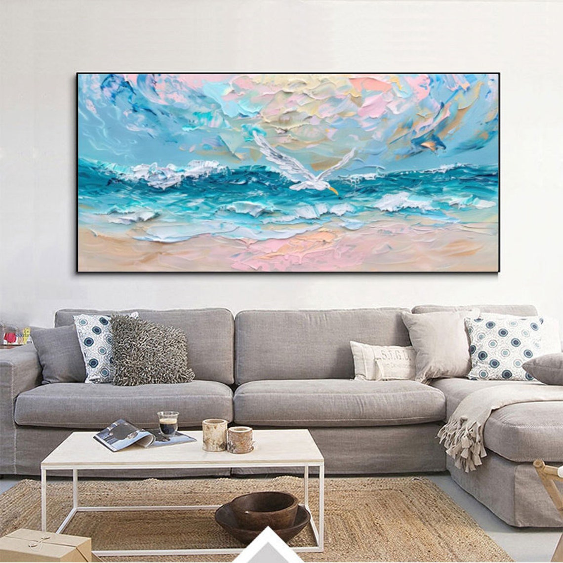 Seagull Over Ocean Waves Pastel Blue Pink Coastal Art Painting Poster - Image 6