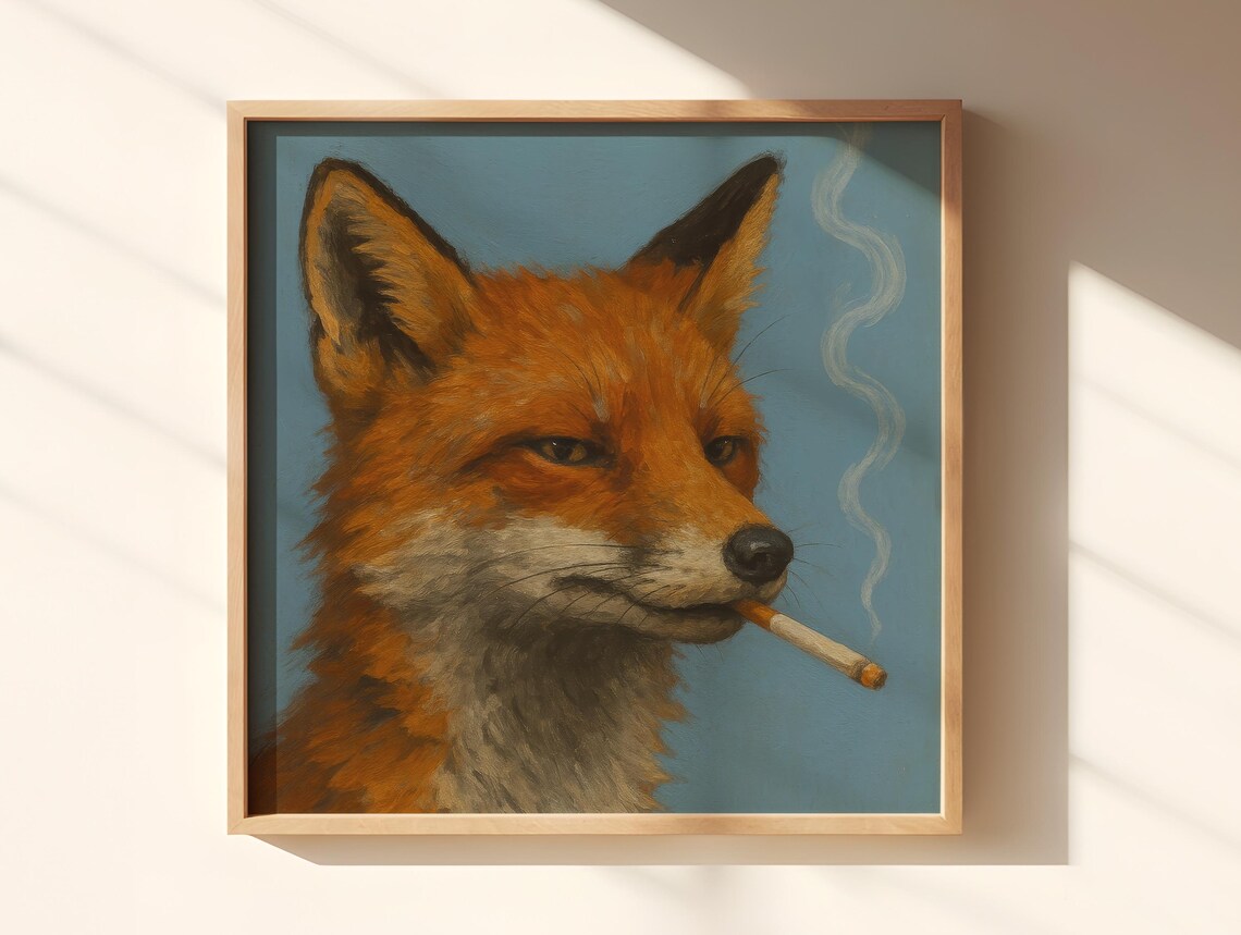 Red Fox Smoking a Cigarette on Dusty Blue Vintage Portrait Poster - Image 3