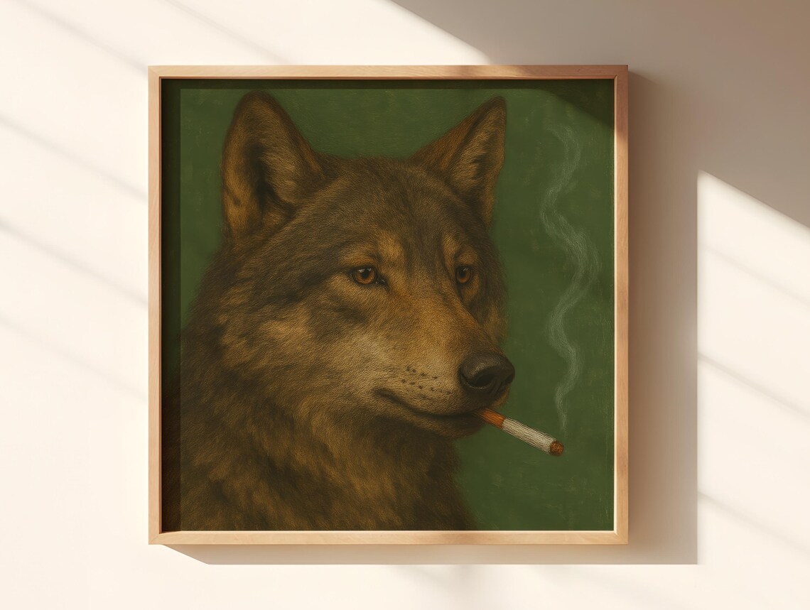 Gray Wolf Smoking a Cigarette on Olive Green Vintage Art Poster - Image 3