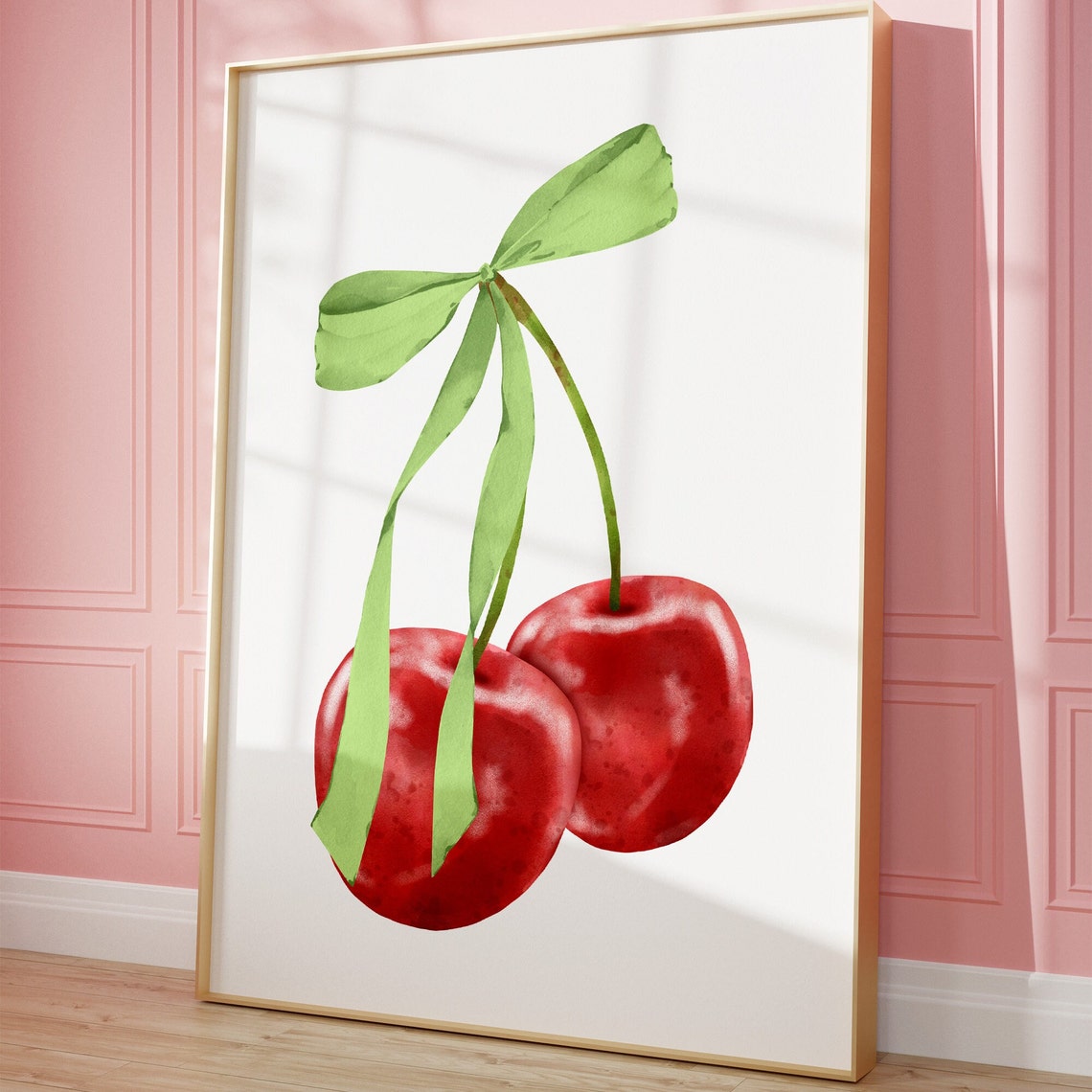 Green Bow Tied Cherries Watercolor Coquette Girly Decor Poster - Image 3